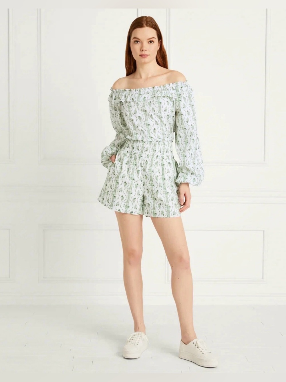 Hill House The Lena Top Off-Shoulder White Blouse with Green Floral Print
